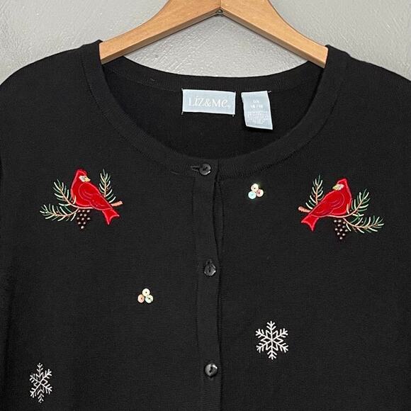 Liz & Me Size 0X Black Embroidered Sequin Red Bird Snowflake Christmas Cardigan - Picture 3 of 10